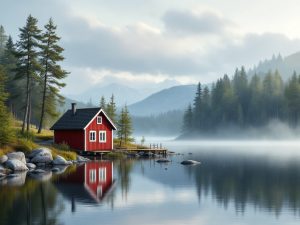 &Quot;Traditionell Röd Stuga Vid En Spegelblank Svensk Sjö I Gryningsljus. Stugan Reflekteras I Vattnet, Omgiven Av Reslig Tall- Och Björkskog. Morgondimman Ligger Lätt Över Vattnet Och I Bakgrunden Syns Karakteristiska Nordiska Berg. Stämningen Fångar Essensen Av Nordisk Stillhet Och Naturharmoni.&Quot;